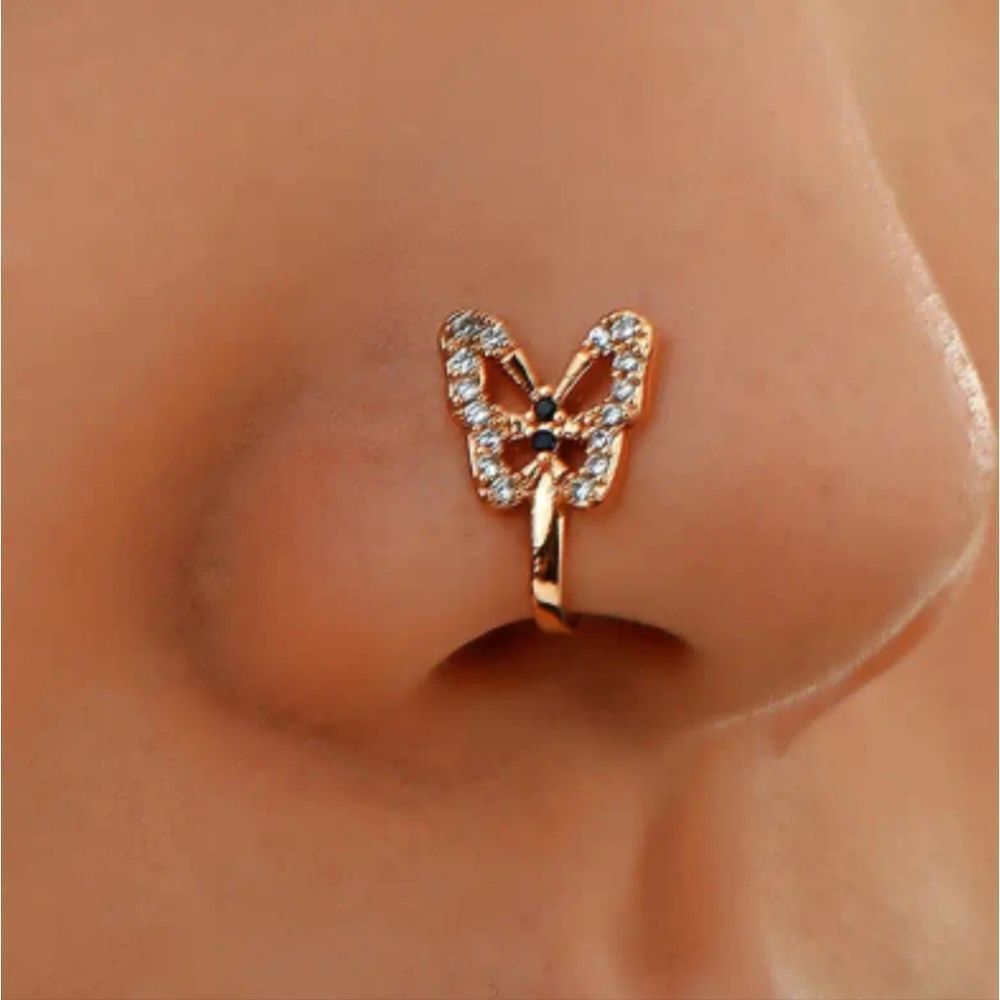 1pc Crystal Butterfly Fake Nose Ring, Non Piercing Clip On Nose Ring